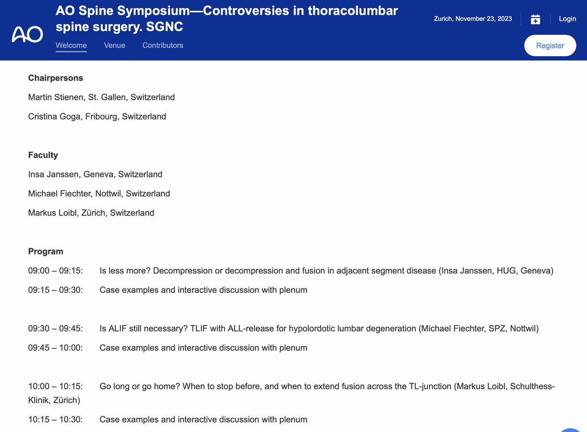 Joint symposium #Swiss #Society of #Neurosurgery &amp; <a href="/AOSpine/">AO Spine</a> "Controversies in thoracolumbar spine surgery" live event in Zurich! More info: lnkd.in/e566xFBX &amp; lnkd.in/eWwXuSnx <a href="/SwissYNS/">SYNS</a> <a href="/EANS_yns/">EANS Young Neurosurgeons</a> <a href="/AOFoundation/">AO Foundation</a> @KantonsspitalSG <a href="/SchulthessNews/">Schulthess Klinik</a> <a href="/hug_ge/">HUG</a> <a href="/paraplegiker/">Schweizer Paraplegiker-Stiftung</a>