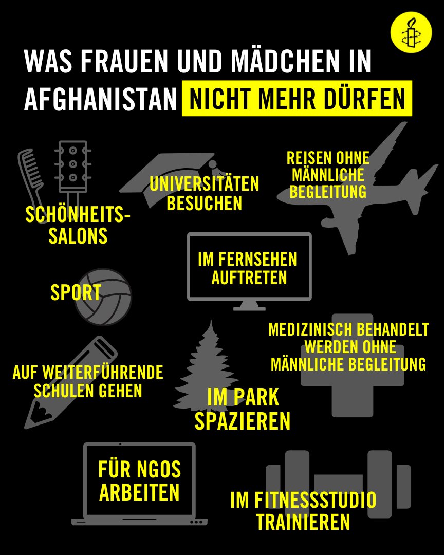 amnesty_de's tweet photo. Heute vor zwei Jahren haben die #Taliban die Macht in #Afghanistan übernommen. Seither wurden die Rechte von Mädchen &amp; Frauen in nahezu allen Lebensbereichen sukzessive und systematisch abgeschafft. 

Frauenrechte sind Menschenrechte! https://t.co/XKQkl4iPtE