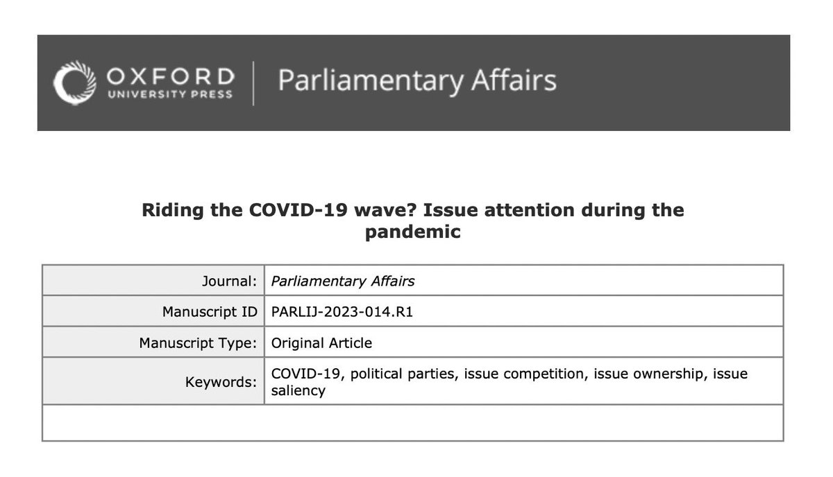 My first paper has been accepted for publication in Parliamentary Affairs🎉🎉

Based on the analysis of 1,507 parliamentary questions posed by opposition parties in Denmark during the first COVID-19 wave (March-June 2020), I study what explains issue emphasis during the pandemic.