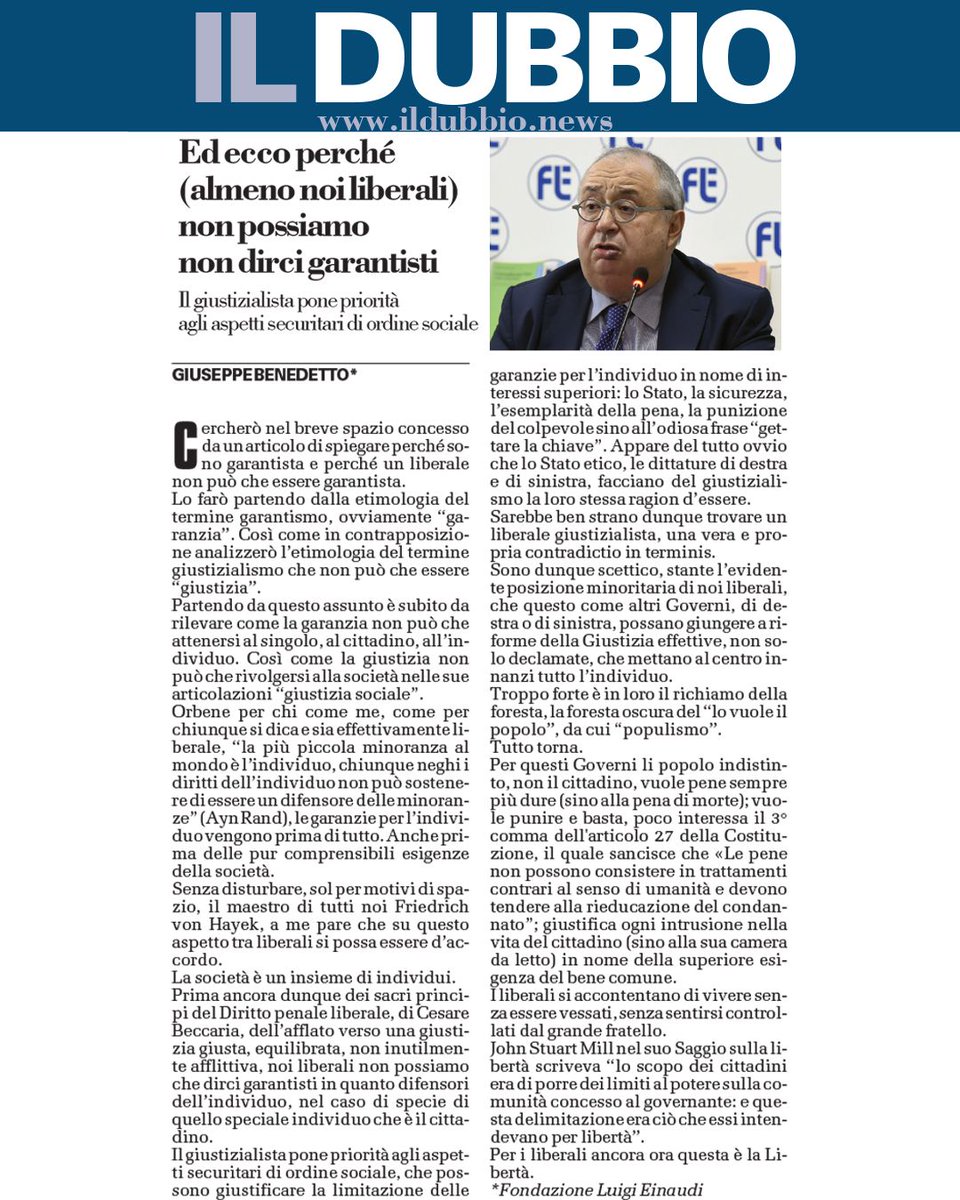 Il nostro Presidente ci ha voluto regalare una chicca ferragostana. Una volta si sarebbe detto da ritagliare e conservare, ora da leggere e da commentare. Per i liberali garantisti e, perché no, per gli statalisti giustizialisti.

Buona lettura e buon ferragosto. <a href="/ildubbionews/">Il Dubbio</a> 📰