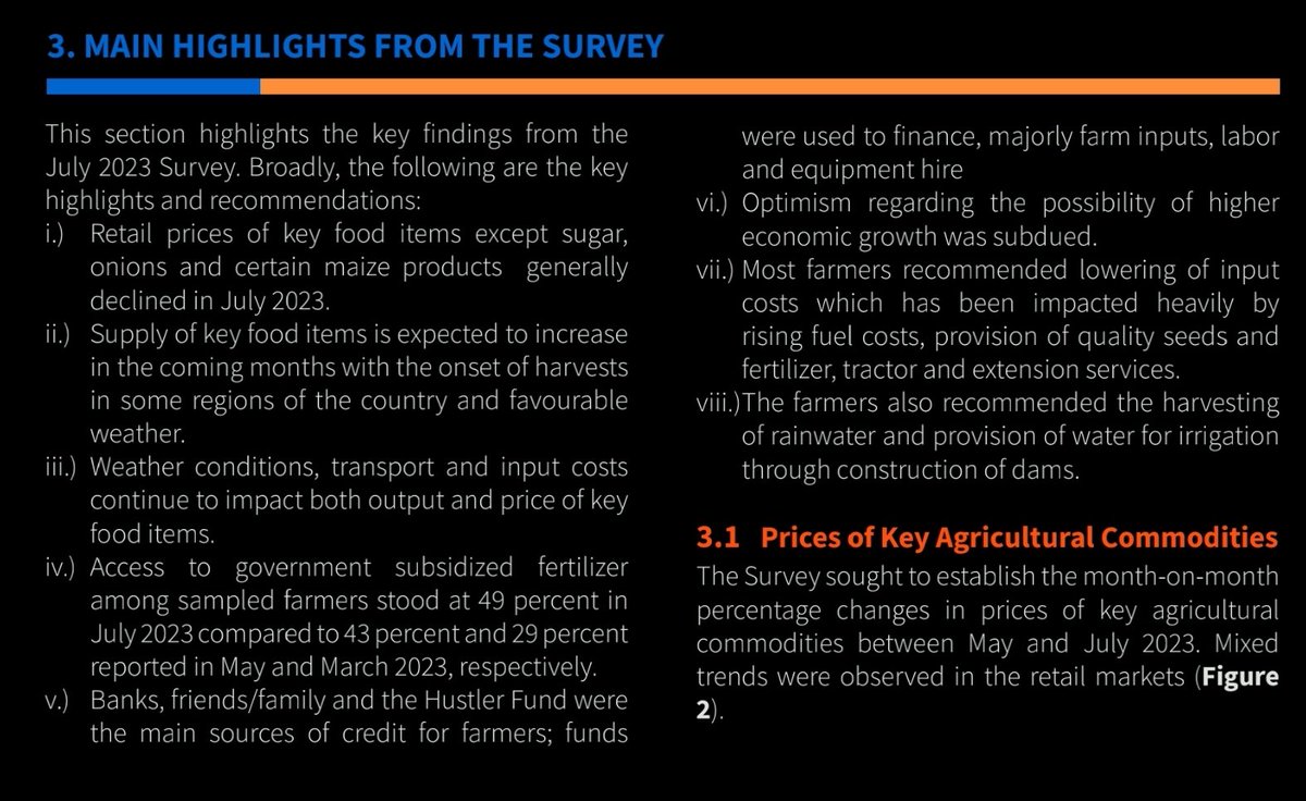 OleItumbi's tweet photo. #SystemYaFacts

The Central Bank Agriculture Sector Survey has confirmed that the prices of almost all key food items have come down.

2. Hustler Fund has become a key source for financing farmers and is almost catching up with age-old credit systems like Fuliza.

3. Prices of Beans and other cereals also coming down.

4. CBK says prices are going to come down even further in August.

5. Prices of Animal.products also coming down.

6. All the results as access to fertilizer went up from below 20% in the Handshake era to 49% in July 2023.

The BOLD decision by President William Samoei Ruto to invest in Production is paying off. The courage to offer Hustler Fund is helping thousands of farmers, and consequently, the economic impact is showing in the data.

Once again, the data supports the decision to withdraw the subsidy on consumption.

#SystemYaFacts