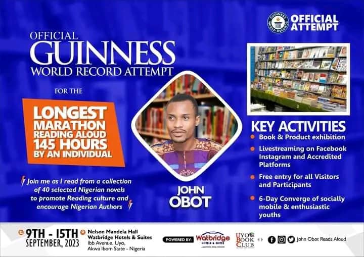 Ndy_Enefiok's tweet photo. "π September 9-15 in Uyo, Nigeria.
Join the #Readmania movement and contribute to our @GWR attempt for the longest #ReadAloudMarathon by an individual.
Together, we can! ππ #GuinnessWorldRecord"
#BBNaijaAllStar #AkwaIbomTwitter #MUFC #15august2023 #IndependenceDay2023 https://t.co/OGmY2GhGu2
