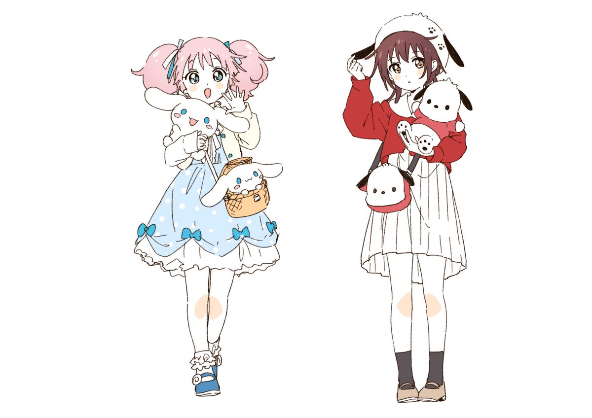 funami yui ,yoshikawa chinatsu multiple girls 2girls pink hair twintails brown eyes dress bag  illustration images
