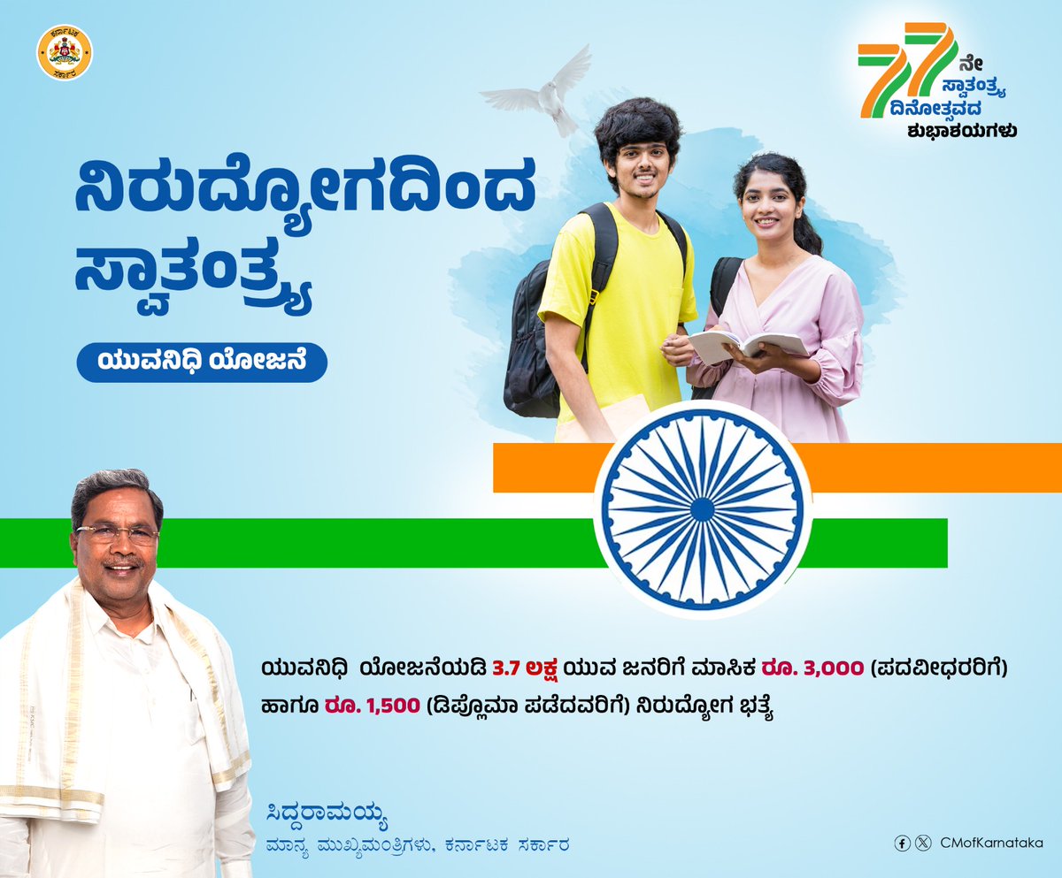 ಯುವನಿಧಿ ಯೋಜನೆಯಡಿ ಪದವೀಧರ ಹಾಗೂ ಡಿಪ್ಲೋಮಾ ಪಾಸಾದ ನಿರುದ್ಯೋಗಿ ಯುವ ಜನರಿಗೆ ಉದ್ಯೋಗ ಜಗತ್ತನ್ನು ಪ್ರವೇಶಿಸಲು ಮಾಸಿಕ ತಲಾ ರೂ. 3,000 ಹಾಗೂ ರೂ. 1,500 ನಿರುದ್ಯೋಗ ಭತ್ಯೆ ನೀಡುವ ಮೂಲಕ ನಿರುದ್ಯೋಗದ ಹತಾಶೆಯಿಂದ ಸ್ವಾತಂತ್ರ್ಯ ನೀಡಲಿದ್ದೇವೆ.

ಈ ಬಾರಿಯ ಸ್ವಾತಂತ್ರ್ಯೋತ್ಸವವನ್ನು ನಮ್ಮ ಗ್ಯಾರೆಂಟಿ ಯೋಜನೆಗಳೊಂದಿಗೆ ಸಂಭ್ರಮಿಸೋಣ.
-