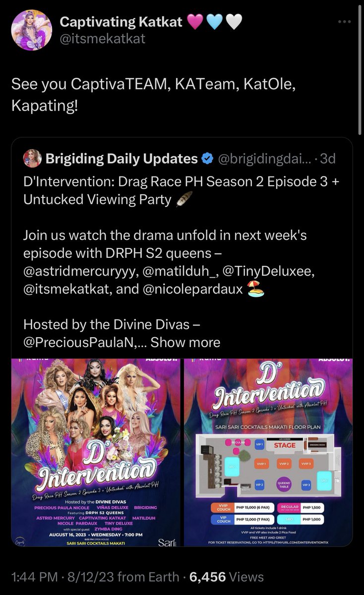 elvssszzz's tweet photo. Ang lakas mag-manifest nung @urcherishlove talaga, hahaha! See you tomorrow #TeamKatOle 🫶🏻🥰
@itsmekatkat @nicolepardaux #KatOle
#CaptivatingKatkat #CaptivaTEAMKATKAT #TeamKatkat #Captivateam #DragRacePH https://t.co/97ScqxbWoZ