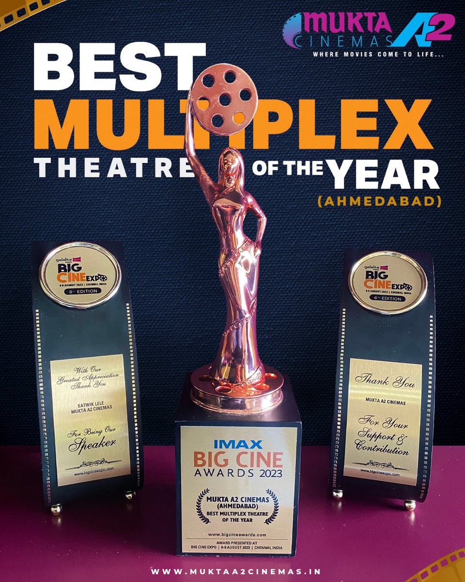 MuktaA2Cinemas's tweet photo. It is a moment of great honour for receiving this special award.  We are truly grateful &amp; thankful for the people that have trusted our brand and joined us in this unforgettable journey!

#muktaa2cinemas #wheremoviescometolife #bigcineexpo2023 https://t.co/OtR9PsB50j