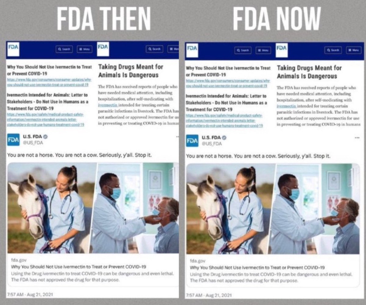 giusbrindisi's tweet image. Massima Condivisione.

Ecco come FDA ha cambiato idea su Ivermectina.

Il farmaco usato per combattere scabbia e parassiti sugli uomini si può usare per il Covid sui somari. 

#maledetti