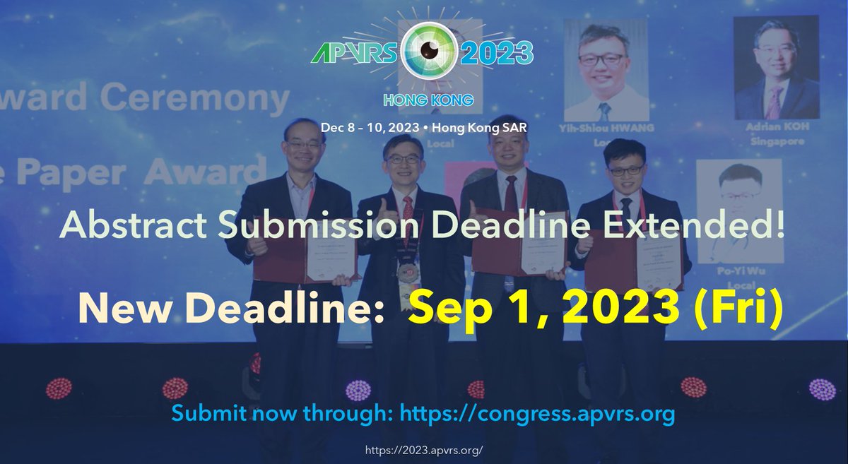 The submission deadline for abstracts has been extended to Sep 1, 2023 (Fri)! Hurry up and submit now through our Congress system: congress.apvrs.org.

Awardees will receive recognition in the Final Program Book and complimentary tickets to the Congress Party!