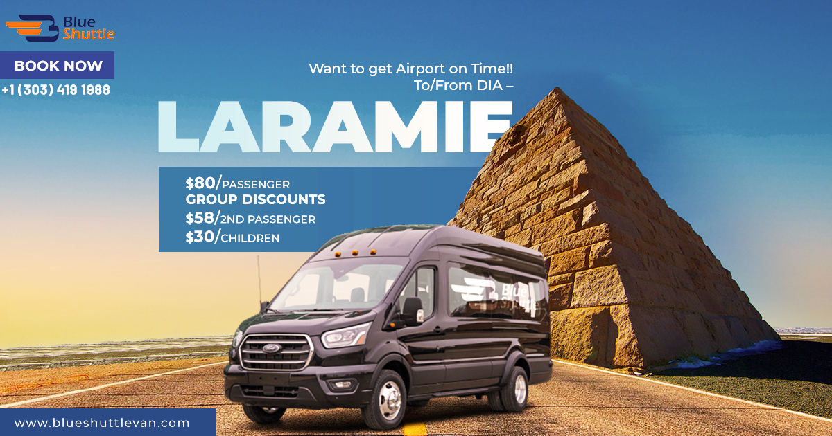 Your Premium Ride is Here! Book your seat with Blue Shuttle Van for commute from Denver International Airport to/from Laramie. Special Discount for 2nd passenger and Children. #affordableride #commute #laramie #airportshuttles #travel #comfortableride #DIA #Coloradolife #fun