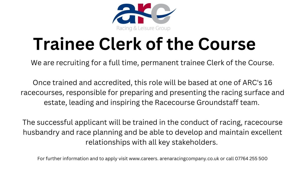 We are recruiting at @arenaracingco for a Trainee Clerk of the Course. If you enjoy working outdoors, have an interest in racing and would like to be at the heartbeat of a raceday and racecourse then this could be the opportunity for you!