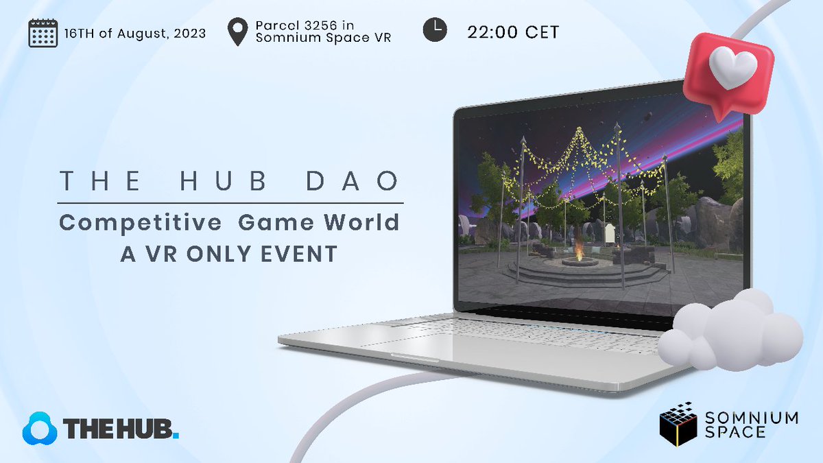 🚨🚨 Step into THE HUB DAO's competitive realm. Race for the best leaderboard in the thrilling time trial challenge! THE HUB DAO X SOMNIUM SPACE VR EVENT. 

🗓️ 16th of August 2023
📍 Parcel 3256 in Somnium Space VR
⏰ 22:00 CET 

DON'T MISS IT!