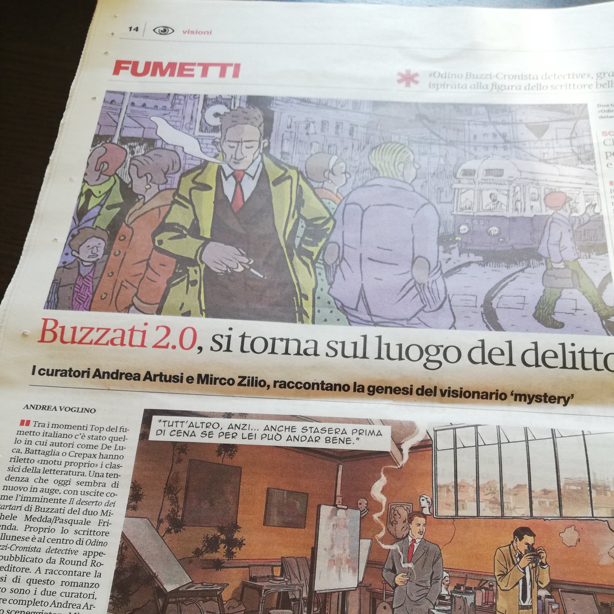 Lario3's tweet image. Su @ilmanifesto di oggi c'è un articolo (a firma di @AVSL1965) sul libro dedicato a #Buzzati, curato da @mircozilio66 e @ArtusiAndrea. Volume nel quale trovate anche una mia storia (con disegni di Ivano Granato). Edito da @RoundRobined 

#comics #crimestory #fumetti