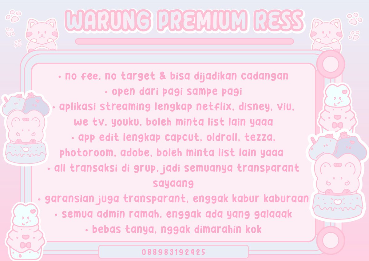 reztail's tweet image. aku open ress aplikasi premium khusus buat BA app-prem nihhh. 
๑ direct maker/maker, harga miring 
๑ bisa dijadiin cadangan
๑ 3 admin super duper ramah
bisa hubungin aku lewat wa.me/6288983192425 kalau mau tanya-tanya atau join sayangkuuuu