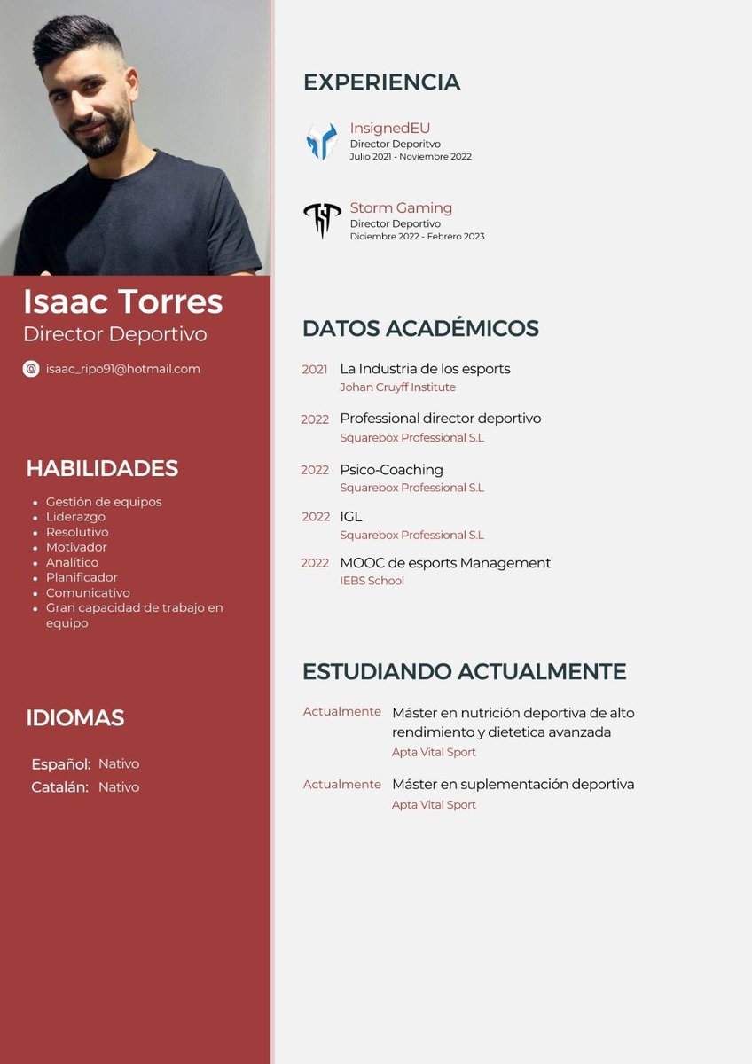 Después de un tiempo apartado de la escena…

Estoy buscando trabajar como CM.

Alto conocimiento de la industria de los esports.

Experiencia gestionando redes.

Manejo de herramientas de edición de imagen.

Agradezco difusión.