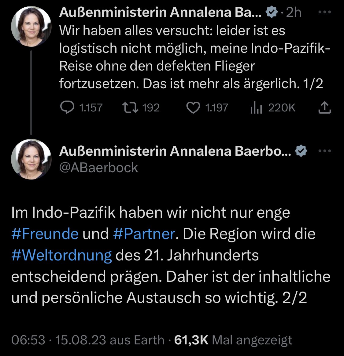 Ich melde diesen Account jetzt. So sehr ich mich über Satire freue, aber dieser Account ist geeignet, 🇩🇪 Ansehen im Ausland schweren Schaden zuzufügen. Unsere Außenministerin wird hier als verzogenes Kleinkind vorgeführt. Bei aller Liebe, aber das finde ich empörend + gefährlich.
