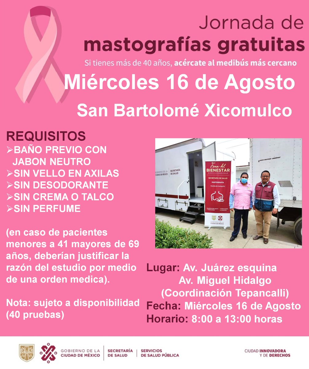 rivero_octavio's tweet photo. Asiste el día miércoles 16 de agosto a San Bartolomé Xicomulco, llega el #MEDIBUS con el servicio gratuito de mastografías se encontrará ubicado en la Coordinación Territorial.
👵🧓Personas de 40 a 69 años
⏲️ Horario de 08 a 14 horas https://t.co/OlKoUFOjl2