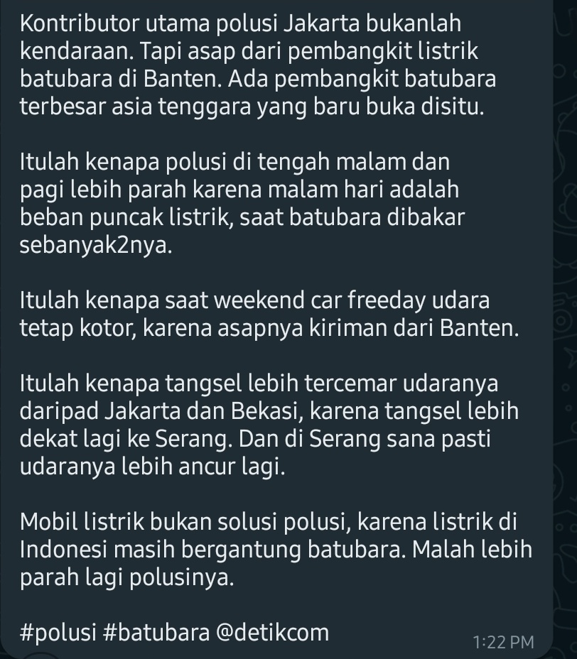 Kontributor utama polusi Jakarta bukanlah kendaraan. Tapi asap dari pembangkit listrik batubara di Banten. Ada pembangkit batubara terbesar asia tenggara yang baru buka disitu. 
#nahloh