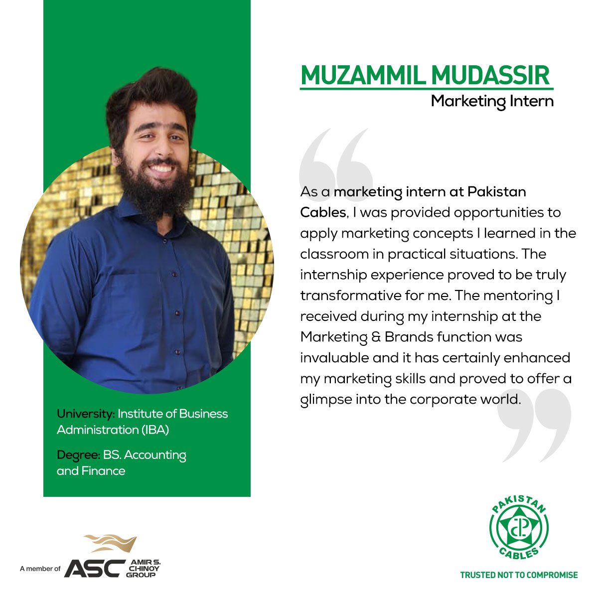 pakistan_cables's tweet photo. Towards growth and acquiring new skills.
Muzammil Mudassir, Marketing Intern at Pakistan Cables had a great time learning from the Marketing Team. We hope the skills he learned here will benefit him in his career.
#PakistanCables #InternshipDiaries #HumanResourcesIntern https://t.co/Mq7c2rFdQS