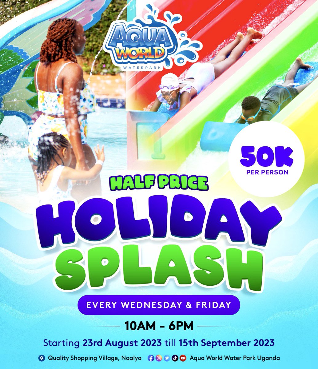 AquaWorldUganda's tweet photo. School's out, fun's in 🥳🌊! Join us for a half-price splash-tacular adventure at #AquaWorld every Wednesday & Friday this school holiday and enjoy thrills, spills and splashes 🏊🏾♀️☀️💙.
#aquaworlduganda #holidaysplash #halfprice #letthefunbegin https://t.co/IFAR79B8D8