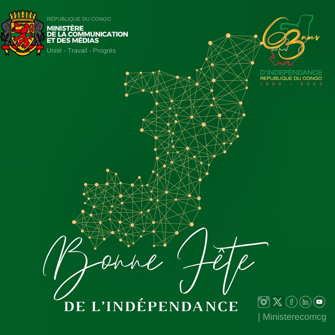 MinistereComCG's tweet photo. 🇨🇬15 AOÛT 1960- 15 AOÛT 2023|  la République du Congo célèbre, le 63e anniversaire de son accession à l’indépendance, sous  le thème : Engagement citoyen, Résilience et Progrès.

Bonne fête à tous et à chacun. #63ans🇨🇬 https://t.co/tKXLBRSsHN
