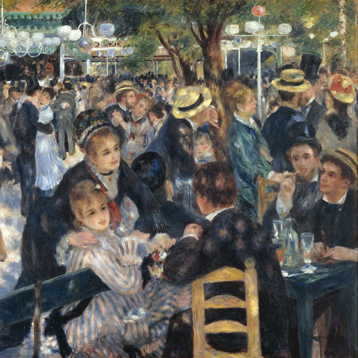 Kjenner du solen? Hører du  trekkspillmusikken, 
praten, latteren? 
Renoir er som en reporter her, når han maler denne sommerfesten på Montmartre.
Han malte "Bal du Moulin de la Galette" i 1876. I dag snakker jeg om bildet i podcasten KUNSTHISTORIER:
Kristinetghardeberg.no/kunsthistorier…