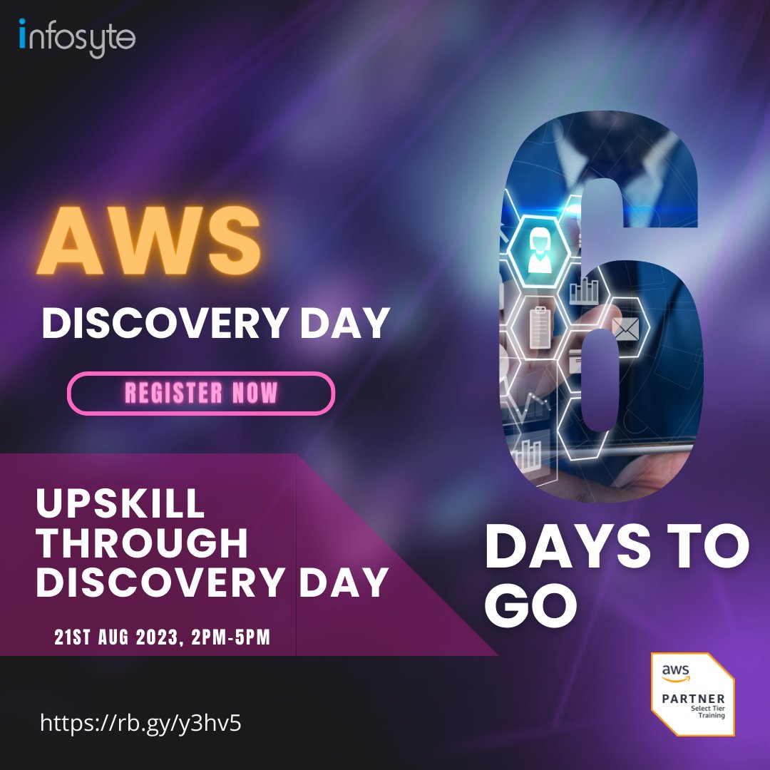MyInfoSyte's tweet image. ⏳ 6 Days Left Until Discovery Day 2023! ⏳
The countdown is on!
Mark your calendars and get ready for an unforgettable experience.
📅21st Aug 2023
⏰2pm-5pm
See you in 6 days!
Link to register: rb.gy/y3hv5
#AWSDiscoveryDay #CloudPractitioner #CloudComputingMagic