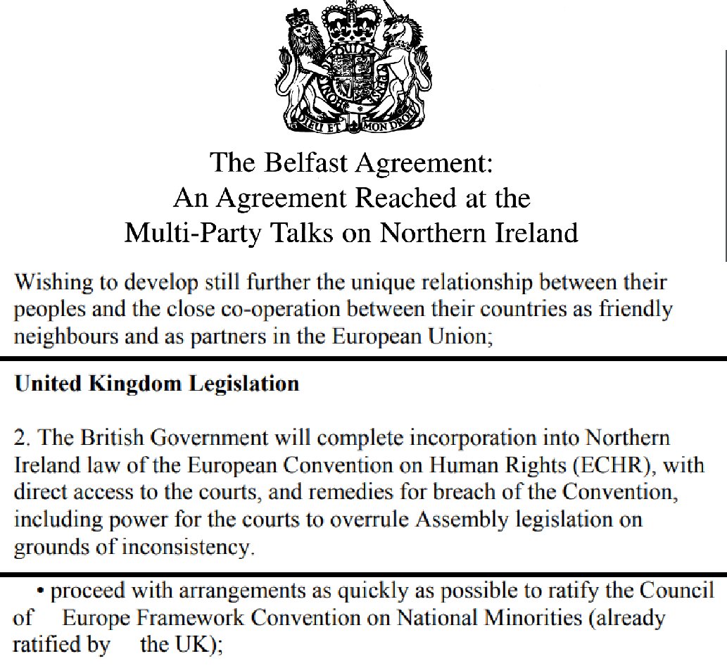 @RishiSunak The European Convention on Human Rights is mentioned 10 times in the Good Friday Agreement. The UK's membership of the Council of Europe is referenced twice. And the UK agreed to work within the EU. Your party has done more to undermine the Belfast Peace Agreement than anyone.