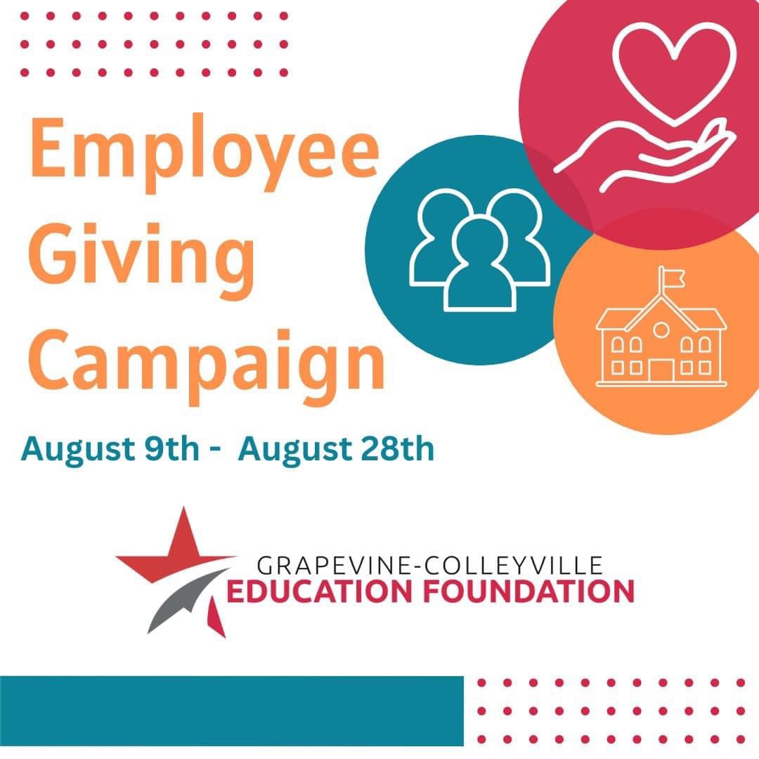 <a href="/GCEdFoundation/">Grapevine-Colleyville Education Foundation</a> kicked off our annual <a href="/GCISD/">Grapevine-Colleyville ISD</a> Employee Giving campaign last week!

The Employee Giving Campaign runs Aug 9- Aug 28. gcedfoundation.org/educators/empl….

Look out for giveaways! Giving of  at least $10/month or the equivalent will get a GCEF star sign to put in their window.