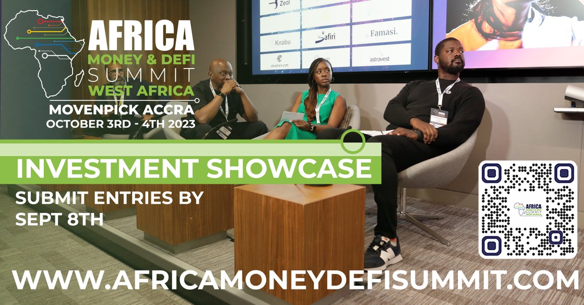 🚀 Are you a #Web3 startup seeking investment opportunities? Apply for the 2023 Investment Showcase at the @AfricaMoneyDefi Summit. Don’t miss out on this opportunity to showcase your solutions live on stage in Accra, Ghana. 📆 Deadline Sep 8 bit.ly/3seuBRh #AMDSGH