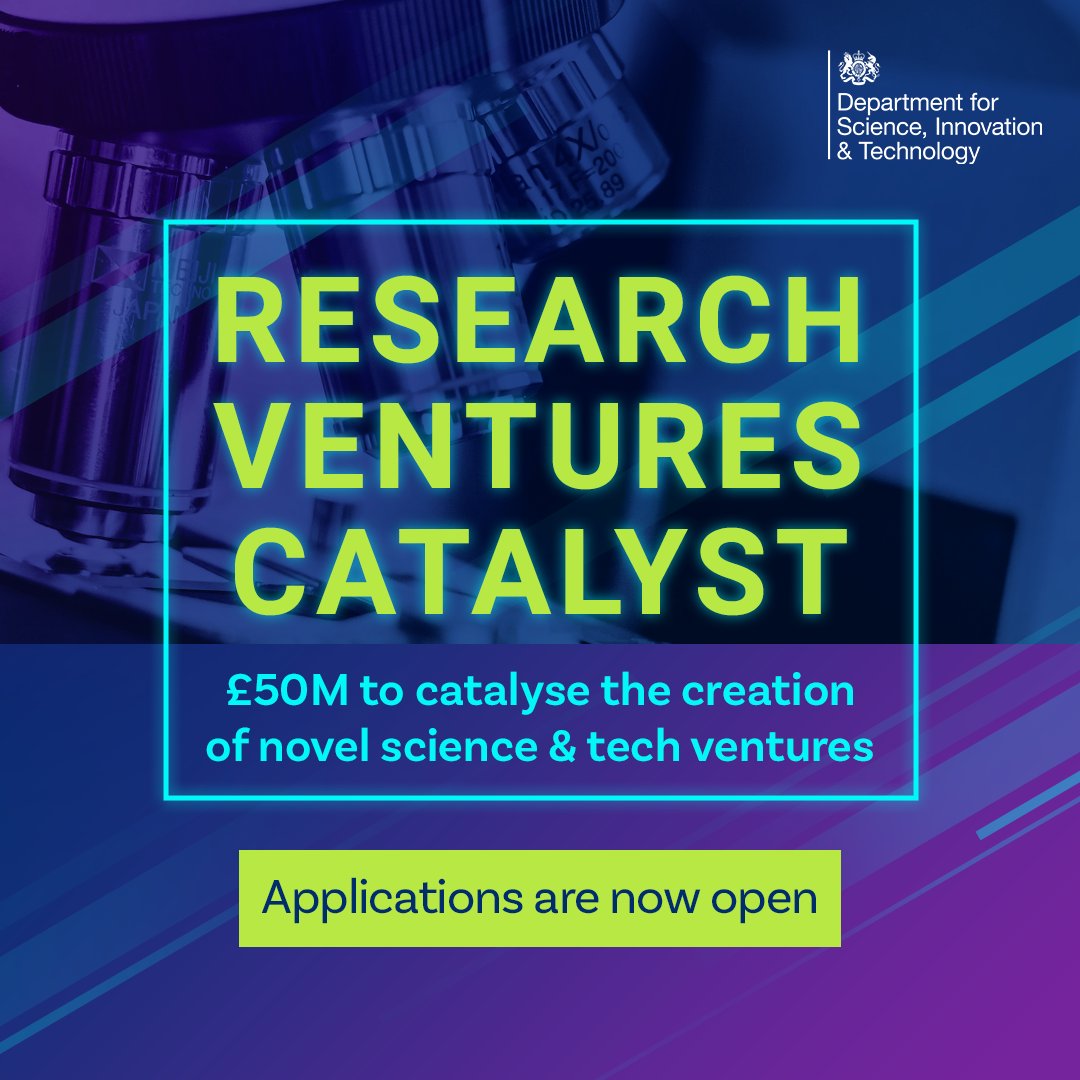 The @SciTechgovuk's #ResearchVenturesCatalyst is open for bids, to support the most innovative and game-changing research happening in the UK. Innovative researchers and entrepreneurs from across all STEM fields are encouraged to apply. Learn more: gov.uk/government/new…