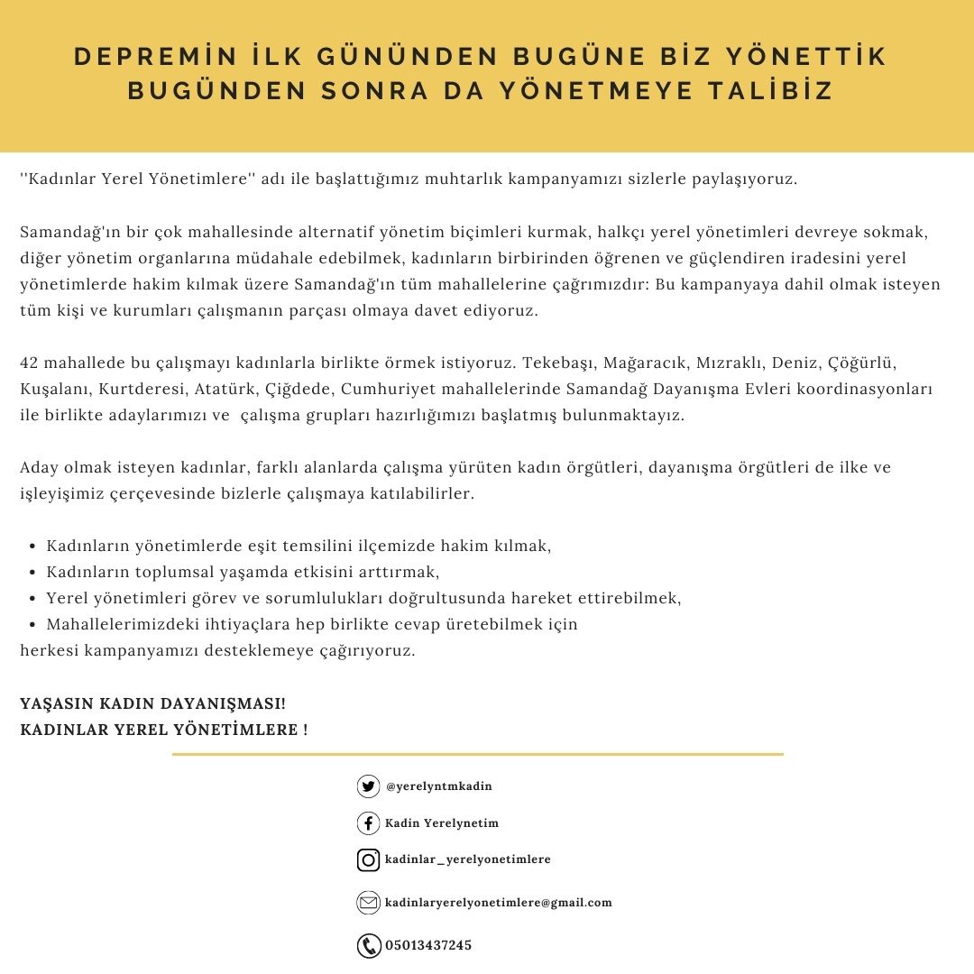 #kadınlaryerelyönetimlere kampanyamızı Samandağ'ın 42 mahallesi için başlatmış bulunuyoruz. Samandağlı kadınları, gençleri, kadın örgütlerini, dayanışma gönüllülerini kampanyanın bir parçası olmaya çağırıyoruz. @SamandagDayan @skadinhareketi Yaşasın Kadın Dayanışması!