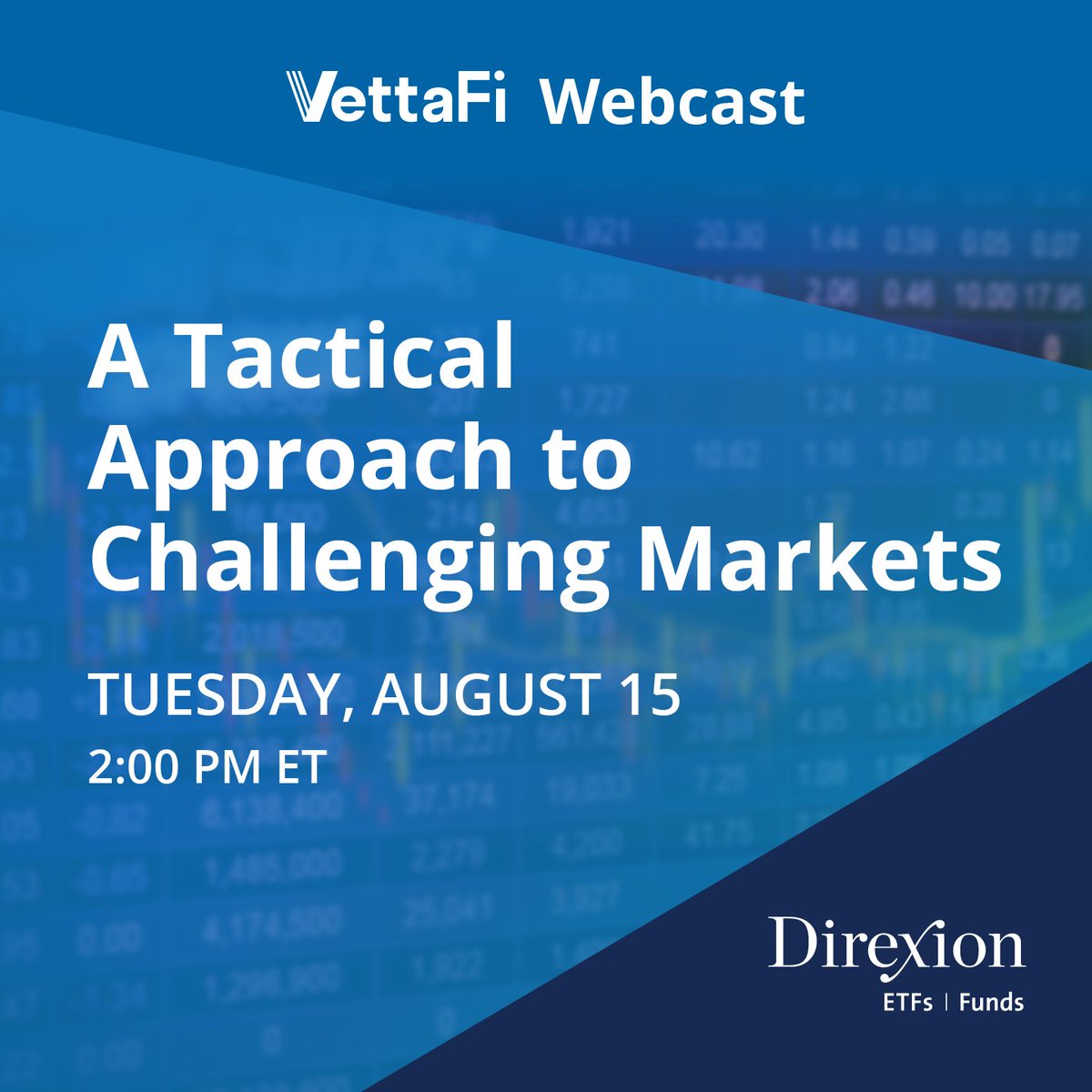 Seeking ways to weather short-term storms and seize market rallies? Learn long-term tactical strategies from finance experts at Direxion, Howard Capital Management, and @Vetta_Fi. TODAY AT 2 PM ET! #MarketTrends Learn more about Direxion’s ETFs: trib.al/DseElCN