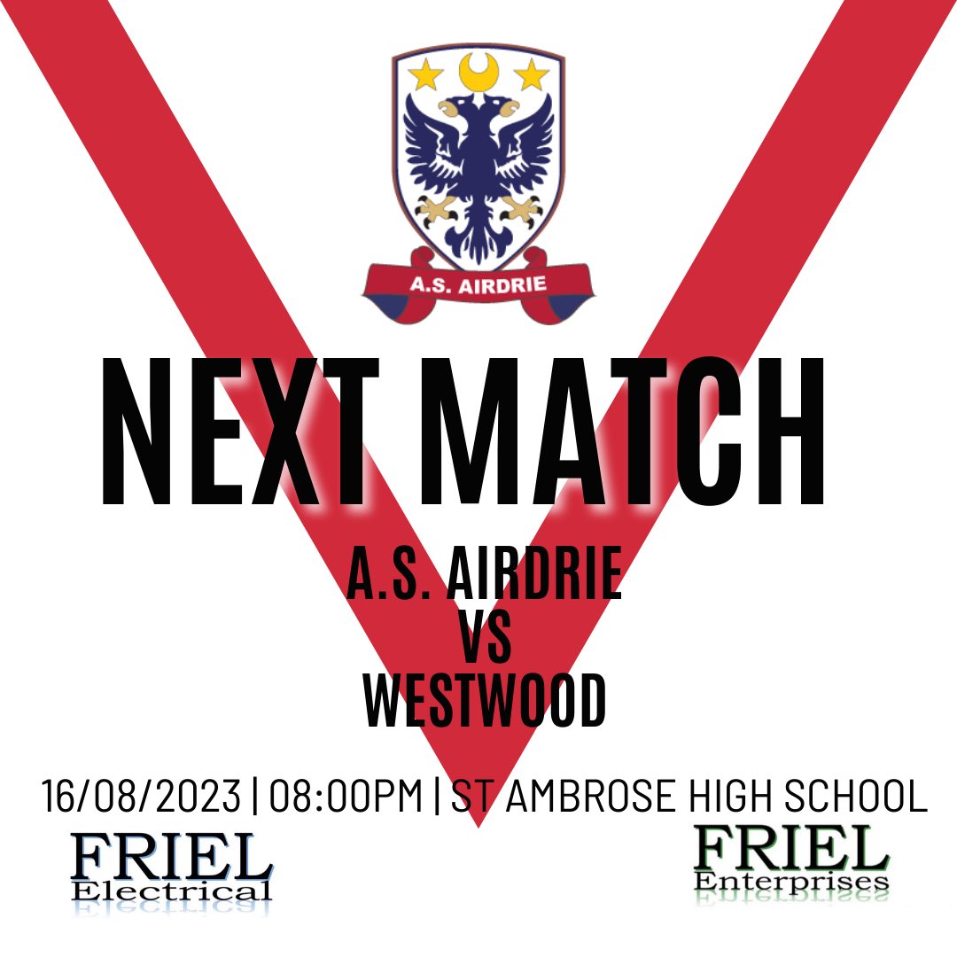 AS_Airdrie's tweet photo. 🚨 NEXT MATCH 🚨

Another midweek cup game sees us take on Westwood for the first meeting between the two clubs.

🆚 @WestwoodFC5 
📅 Wednesday 16th August 2023
⏰ 8:00pm
📍 St Ambrose High School
🏆 @OfficialSMAFA Cup Qualifier 

#ForzaAirdrie ♦️ https://t.co/wG0cmlh9FK
