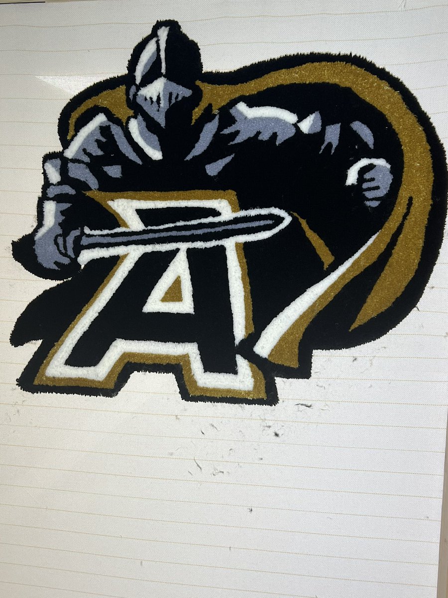 rug_it_out's tweet photo. Black Knights logo done and ready to be cut down and trimmed up! Really how this has turned out so far without even being cleaned up yet. #GoArmy #rugtufting https://t.co/IlfMzEpnVQ