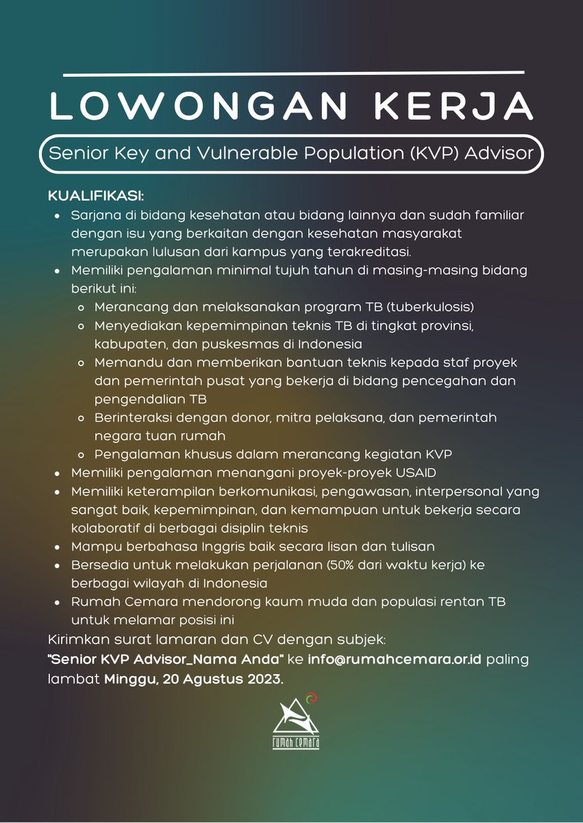 Lowongan kerja.
Selengkapnya:
rumahcemara.or.id/lowongan-kerja…