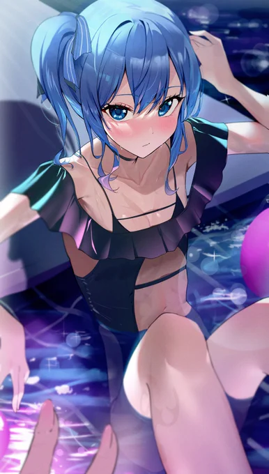 ( ^)o(^ )「スイちゃんとナイトプール来たよっ」 #ほしまちぎゃらりー  #あくあーと (?) 