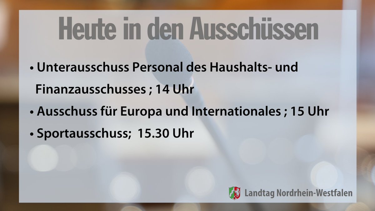 Start in die #Ausschusswoche - u.a. mit diesen Themen: Stärkung des ländlichen Raums, Kooperation zwischen Ganztagsschulen und Sportvereinen, Welt-Hochschulspiele #Universiade im Jahr 2025 an #Rhein und #Ruhr und Öffentlicher Dienst. Alle Themen: landtag.nrw.de/home/aktuelles…