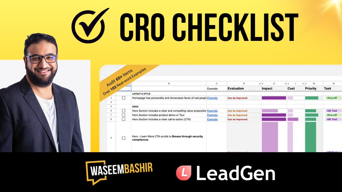 The Most Complete Conversion Rate Optimization (CRO) Checklist: Introducing the new CRO Audit Checklist developed by our Founder Waseem Bashir, a thoughtfully crafted tool to manage your entire optimization process. Get yours: leadgenapp.io/cro-checklist-…

#SaaS #CRO #LeadGen