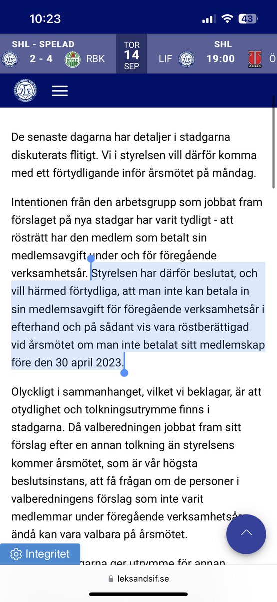 <a href="/leksands_if/">Leksands IF</a> Konstigt att nu skriva att styrelsen inte tar ställning kring valbarheten. 
Vill påminna om att styrelsen beslutat kring detta, se bild från tidigare uttalande.