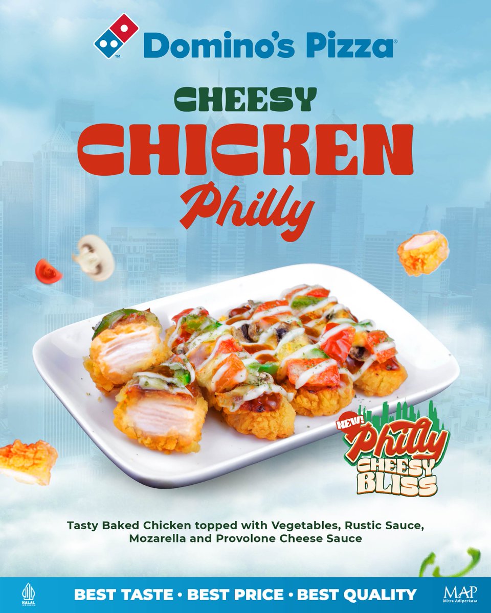 dominos_id's tweet photo. Welcoming NEW!! CHEESY CHICKEN PHILLY.
Tasty Baked Chicken Topped with Vegetables, Provolone Cheese &amp; Mozarella only for 36K/4 pcs

#orderonline https://t.co/Oy9vosyy8Y #call 1500366 #cheese #creamy #cheesy #meatty #newmenu https://t.co/6w881N2Gw5