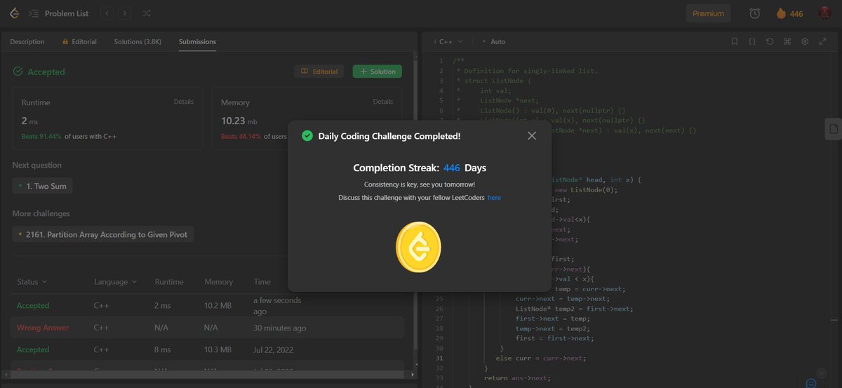 ayush_patel_78's tweet image. Day : 446 

Leetcode daily challenge completed .
#100DaysOfCode #365DaysofCode #500DaysOfCode
