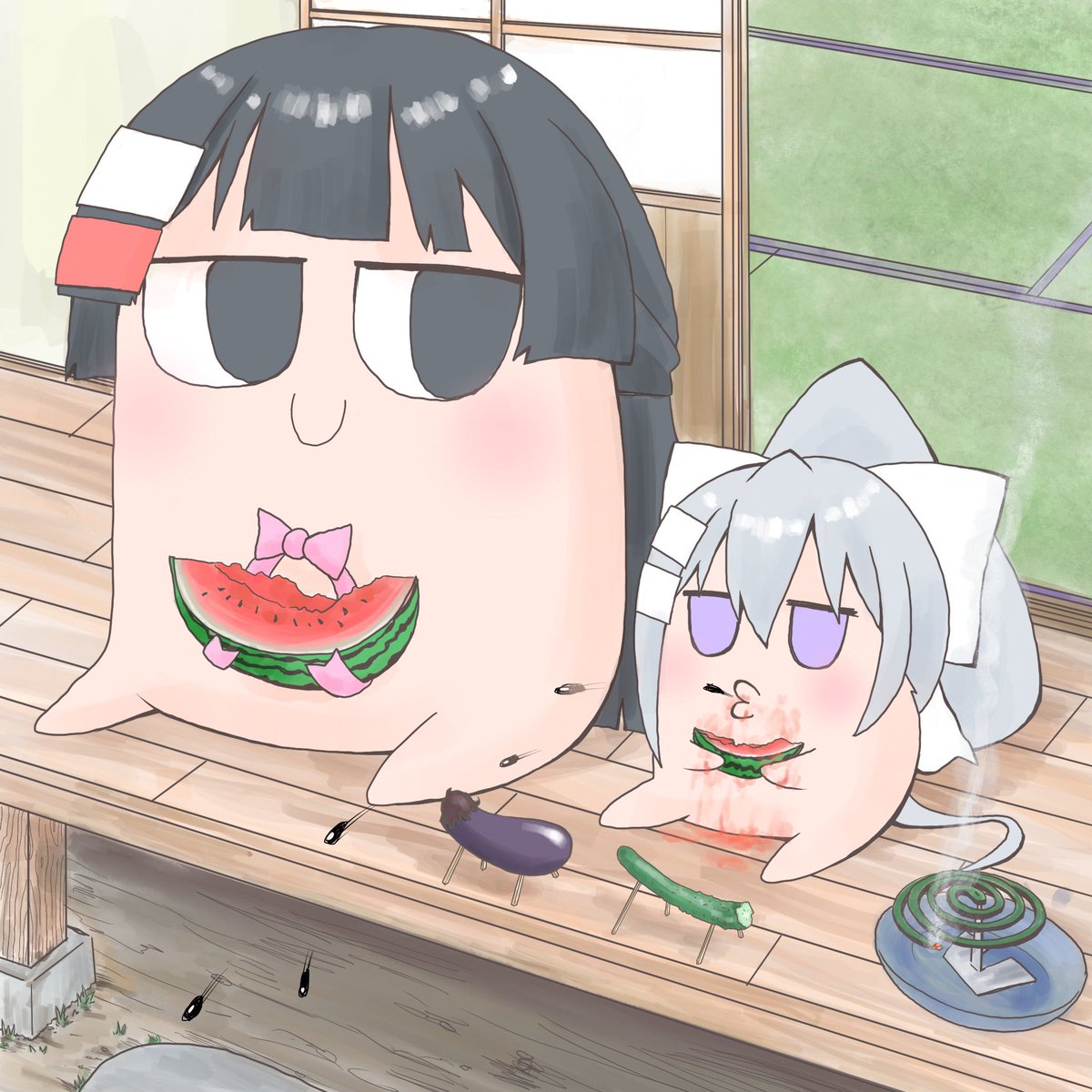 higuchi kaede ,tsukino mito watermelon food 2girls multiple girls black hair fruit eggplant  illustration images