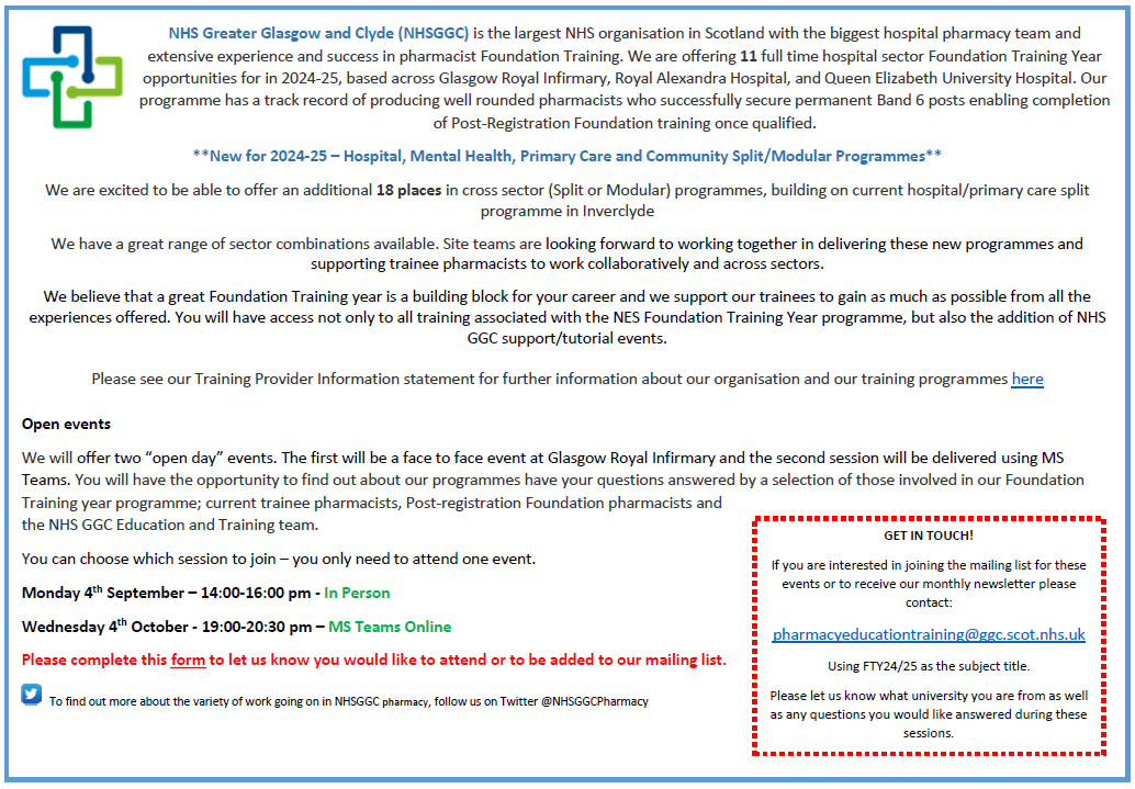 NHSGGCPharmacy's tweet photo. Interested in Pharmacist Foundation Training posts in the largest NHS Board with the largest (and best) pharmacy team? Posts in hospital, mental health, primary care &amp; community modular programmes. Go on... Register for info in person or virtual at https://t.co/i1s9c1cqlp https://t.co/RPf5cu4FUj