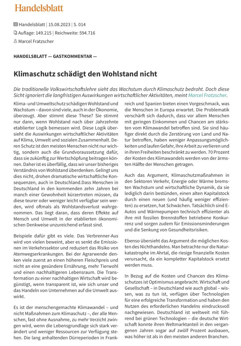 MFratzscher's tweet photo. #Klimaschutz schädigt den #Wohlstand nicht — im Gegenteil.

Wirtschaftswachstum mißt Wohlstand sehr schlecht.

Und: Klimaschutz erhöht Wohlstand (und Wachstum), nicht nur für künftige Generationen. Kaum etwas zerstört Wohlstand und Wachstum mehr als Klimawandel.

Mein Kommentar: https://t.co/OXRP6g2fVu