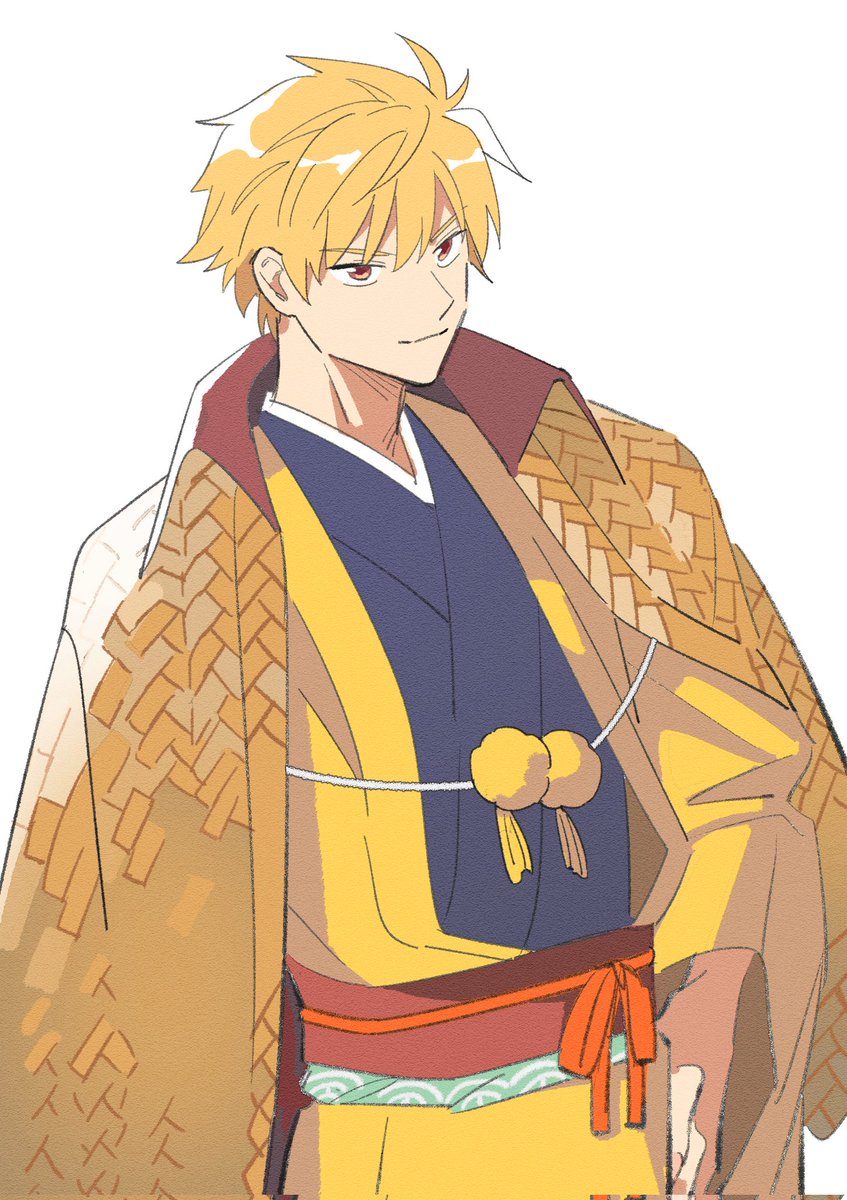 1boy male focus japanese clothes blonde hair solo red eyes kimono  illustration images