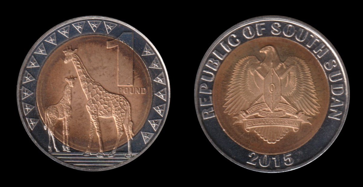 外国貨幣㊺
南スーダンの1ポンド硬貨である。
コインにはこちらを振り返るキリン2頭と南スーダンの国章が描かれている。南スーダン共和国は2011年7月に独立した新しい独立国家。#外国貨幣