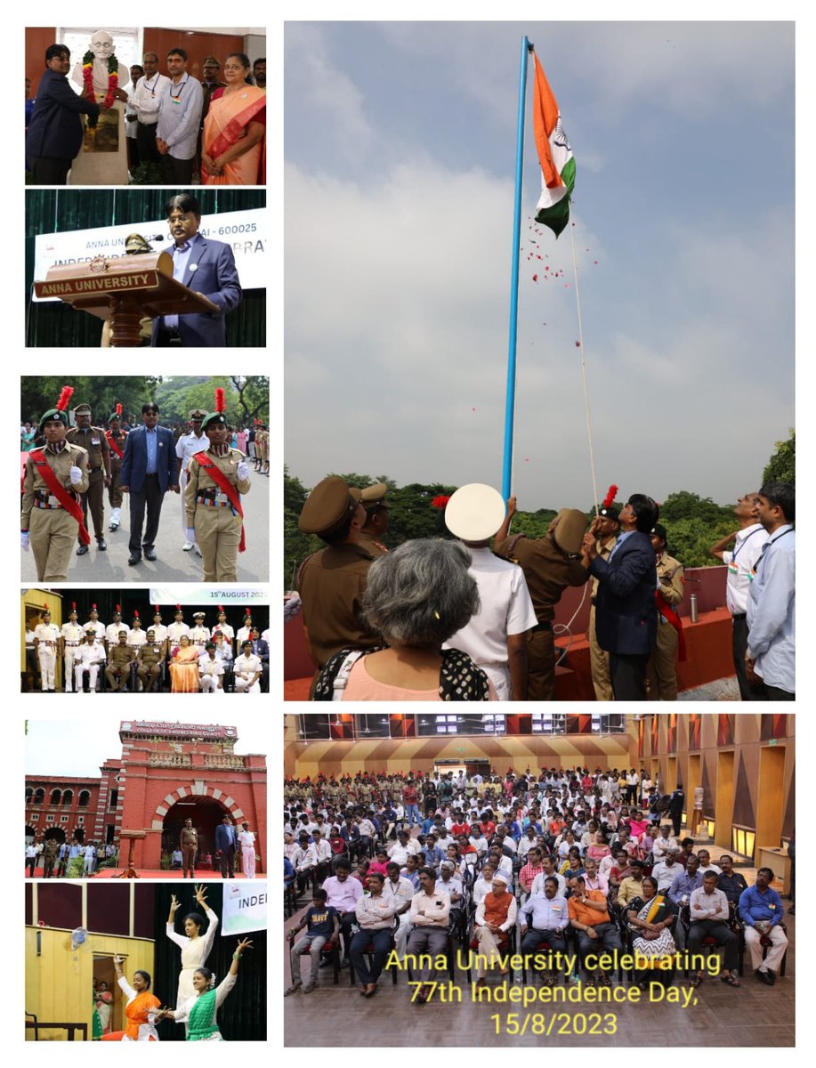 77th Independence Day is celebrated at Anna University on 15.8.2023. The Vice Chancellor Prof.Dr.R.Velraj hoisted the tricolour flag.  The Registrar, Deans of CEG,ACT, SAP &amp; MIT campuses, Professors, staff members &amp; students participated in the celebration.