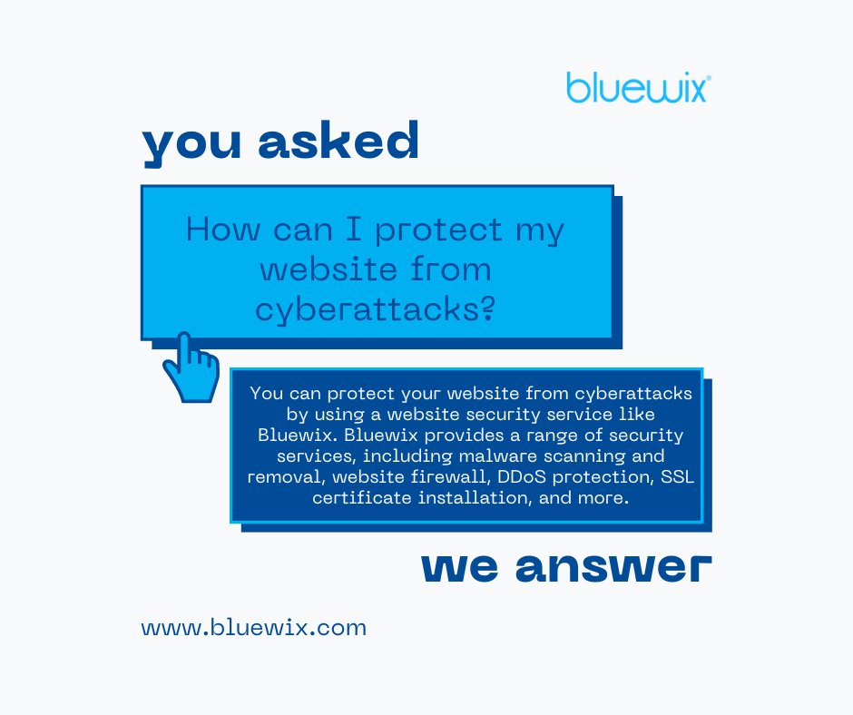 bluewix's tweet photo. "Bluewix Q&amp;A: How can I protect my website from cyberattacks?

To learn more about website security and how Bluewix can help protect your website, visit https://t.co/pZP7cBU5Up

#AskAway #QandAFun #AskBluewix #BluewixAnswers #GetInteractive https://t.co/gVaXG81dRp