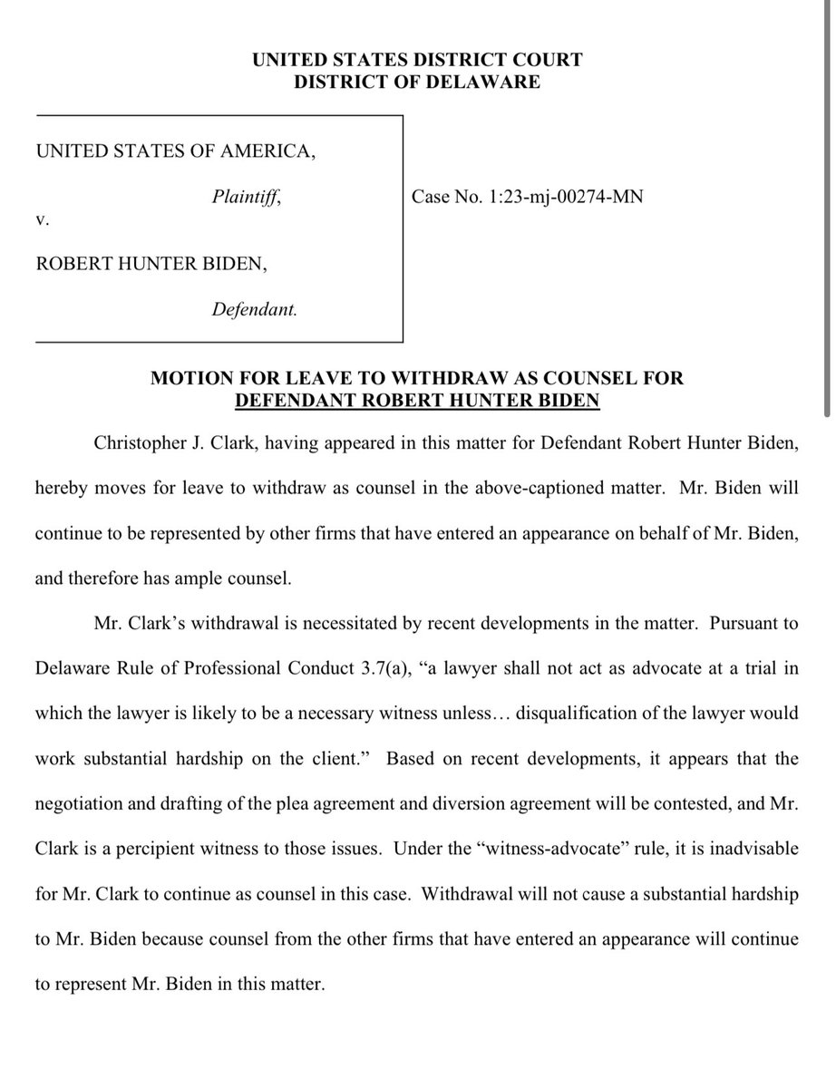 Hunter Biden’s lawyer moves to withdraw as counsel. The reason? 

“it appears that the negotiation and drafting of the plea agreement and diversion agreement will be contested,” and he is a witness to those issues.