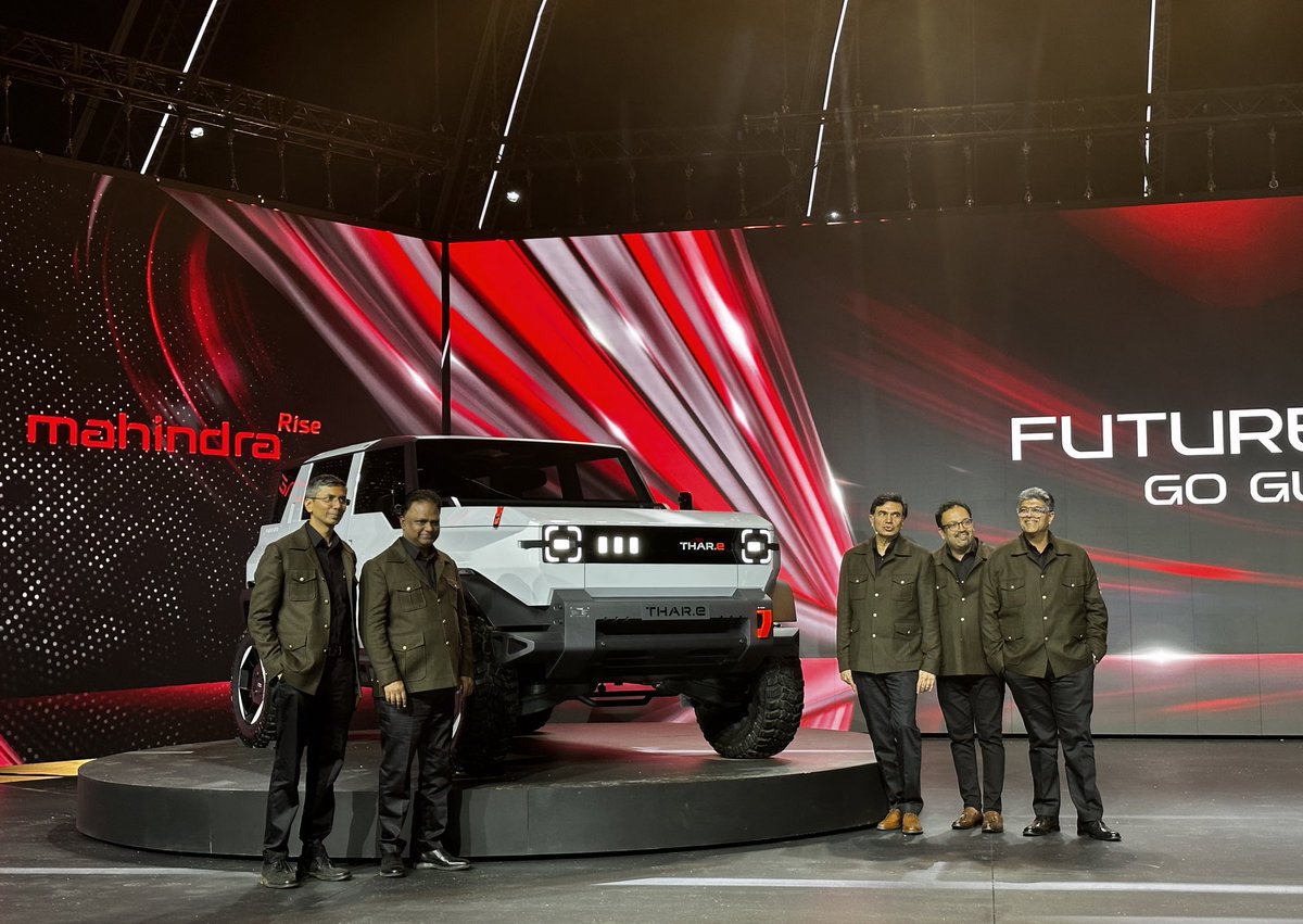 Mahindra Automotive top management at the official unveil of the new <a href="/MahindraRise/">Mahindra Group</a> Thar-e vision electric concept at the FutureScape event in Cape Town South Africa.